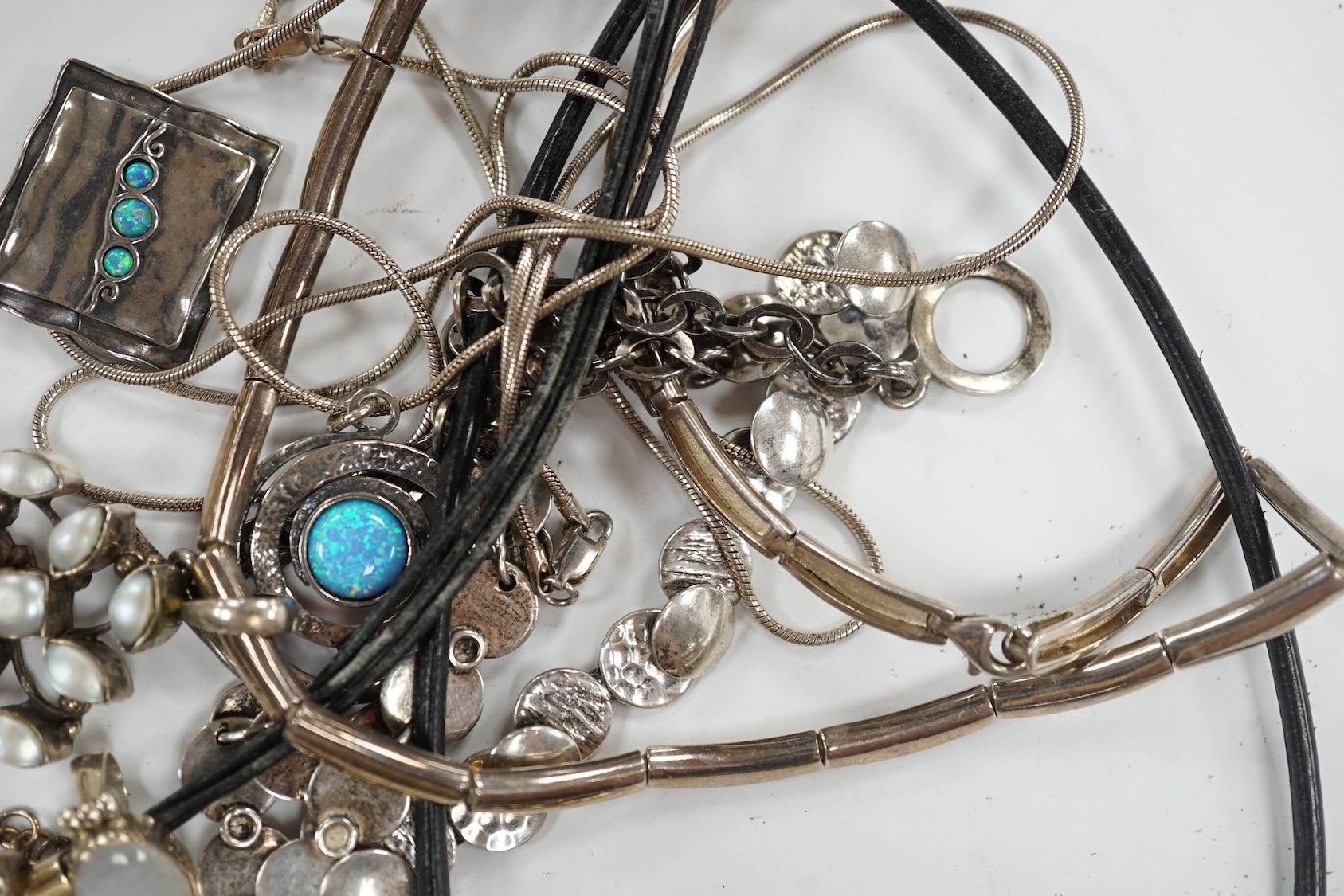 A small group of assorted modern 925 and white metal jewellery including necklaces, bracelet etc. Condition - fair